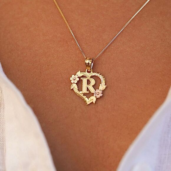 14k solid gold Initial R heart Charm | letter R Charm | Birthday gift | - Picture 1 of 11